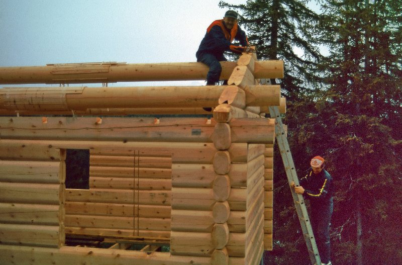 276_20.jpg - Alle tre åsene av 10-toms rundstokk er på plass. Dag oppe på mønsåsen og Jan på tur ned ståggå'n